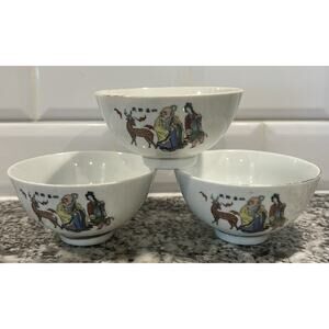 3 Vintage Golden China (CYH) Taiwan Porcelain Bowl Shou Xing Longevity Deer Bats